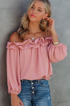 Pink Puff Sleeve Ruffled Off Shoulder Blouse Fall Puff Sleeve Top With Ruffles For Brunch, Chic Solid Color Puff Sleeve Top With Ruffles, Long Sleeve Puff Top With Ruffles, Ruffled Long Sleeve Puff Sleeve Top, Puff Sleeve Long Sleeve Top With Ruffles, Long Sleeve Puff Sleeve Top With Ruffles, Casual Long Sleeve Puff Top With Ruffles, Casual Long Sleeve Puff Sleeve Top With Ruffles, Casual Puff Sleeve Top With Ruffles