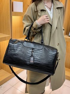 Black Elegant   PU Leather Crocodile Print Shoulder Tote Bag Embellished   Women Bags Black Crocodile Pattern Shoulder Bag For Travel, Best Work Bag, Holdall Bag, Crocodile Bags, Bags For Teens, Travel Bags For Women, Leather Handbags Women, Duffel Bag Travel, Large Handbags