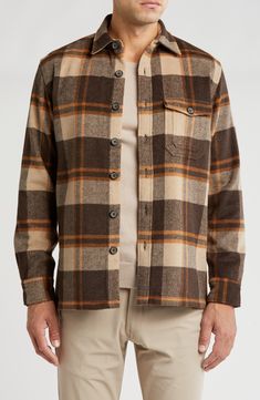 A buffalo plaid print brings rustic style to a brushed heather shirt-jacket constructed with a button front closure and chest patch pockets. 28" length (size Medium) Front button closure Spread collar Long sleeves 80% polyester, 20% wool Machine wash, tumble dry Imported Brown Button-up Shacket With Flap Pockets, Classic Brown Long Sleeve Flannel Shirt, Brown Button-up Flannel Shirt For Fall, Plaid Collared Shacket With Snap Buttons, Collared Plaid Shacket With Snap Buttons, Classic Plaid Button-up Shacket, Classic Brown Flannel Shirt For Fall, Classic Plaid Shacket For Winter, Fall Flannel Outerwear With Snap Buttons