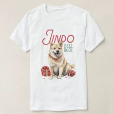 a white t - shirt with an image of a dog and presents on the front