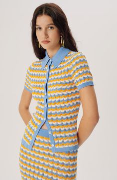 This short-sleeved top will elevate your collection of refined staples. It’s knitted for a slim fit with a collar, button-front closures, and short sleeves. Ronny Kobo, Denim Outerwear, Girls Wardrobe, Textured Knit, New Arrival Dress, Swimwear Accessories, Everyday Look, Knit Top, Clothing Brand