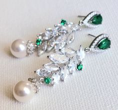 Elegant Green Jeweled Bridal Earrings, Luxury Green Hand-set Bridal Earrings, Pearl White Pear-shaped Bridal Earrings For Wedding, Green Pearl Earrings For Wedding (may Birthstone), Luxury Green Sterling Silver Bridal Earrings, Emerald Green Jewelry, Pearl Chandelier, Bridal Statement Earrings, Bridal Earrings Chandelier