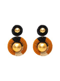 two tone earrings with black and gold details on the front, one in yellow and one in brown