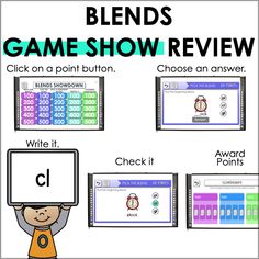 the blends game show review is shown in four different colors and font options, including one