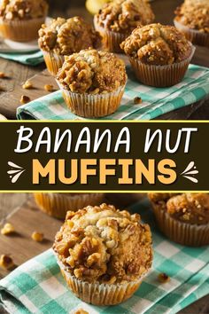 banana nut muffins on a green and white checkered napkin with the title above it