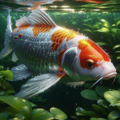 an orange and white fish swims in the water near some green plants, while another goldfish looks on