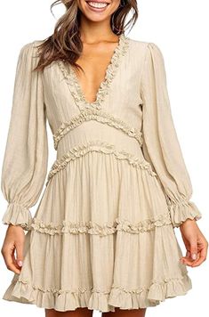 Dokotoo Womens Cute Spring Summer Casual V Neck Chiffon Lantern Long Sleeve Elegant Boho Hawaiian Flowy Mini Short Tunic Skirt Dresses for Women Party 2022 Beige Medium at Amazon Women’s Clothing store Short Boho Dress, Cruise Dresses, Wedding Rehearsal Dress, Lunch Dress, Short Boho, Beige Fashion, Deep V Neck Dress, Brunch Dress, Flowy Mini Dress