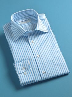 Light Blue & White Stripe Twill Spread Collar Classic Blue Cotton Dress Shirt, Blue Dress Shirt With Fold-down Collar For Business Casual, Blue Dress Shirt With Button Closure, Classic Blue Shirt With Welt Pockets, Blue Dress Shirt With Spread Collar For Semi-formal Occasions, Blue Semi-formal Dress Shirt With Spread Collar, Semi-formal Blue Dress Shirt With Spread Collar, Blue Formal Shirt With Fold Down Collar, Light Blue Formal Shirt With Button Cuffs