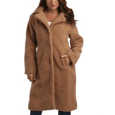 Elevate your winter wardrobe with the Jessica Simpson Women's Full Length Double Breasted Sherpa Peacoat; Crafted from high-quality sherpa fabric, this peacoat envelops you in unmatched plush comfort and warmth; Versatile enough for any occasion, whether you're dressing up for the office or heading out for a casual outing; This peacoat marries fashion and function, ensuring you're always cozy and chic during the chilly months. Color: Brown.  Gender: female.  Age Group: adult. Cozy Long Sleeve Fur Coat For Cold Weather, Cozy Long Fur Coat For Cold Weather, Winter Fur Coat With Fleece Lining And Long Sleeves, Winter Fur Coat With Fleece Lining, Sherpa Fur Coat For Cold Weather In Fall, Sherpa Fur Coat For Fall Cold Weather, Long Sleeve Sherpa Fur Coat For Winter, Long Sleeve Fur Coat With Fleece Lining For Fall, Sherpa Fur Coat With Long Sleeves For Winter