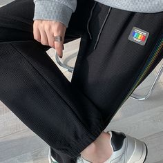 Rainbow Stripe Casual Sports Pants Black Casual Sportswear Joggers, Black Sportswear Joggers For Leisure, Sporty Straight Leg Sweatpants For Spring, Spring Sportswear Trousers, Black Sportswear Bottoms For Leisure, Athleisure Breathable Bottoms For Streetwear, Breathable Athleisure Pants For Streetwear, Casual Cargo Pants For Gym, Sporty Ankle-length Joggers For Streetwear