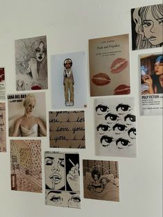 there are many pictures on the wall with words and pictures attached to it, including an image of a woman's face