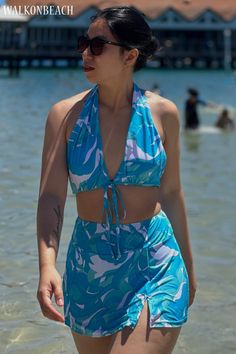 "I love how this bikini looks. The bikini top is a perfect complement to the suit."#walkonbeach #bikini #bikinitryon #beachwear #beach #resort Fashion Gallery, Beach Resort, Walk On, Try On, Blue Floral, High Waisted Skirt, High Waist, I Love, High Waisted