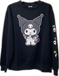 Kawaii Black Top For Streetwear, Black Kawaii Top For Streetwear, Harajuku Style Black Top With Cartoon Print, Black Harajuku Style Crew Neck Top, Cute Black Long Sleeve Tops, Kawaii Black Sweatshirt With Graphic Print, Black Kawaii Sweatshirt With Graphic Print, Black Harajuku Crew Neck Sweatshirt, Black Cotton Kawaii Top