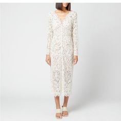 Brand New With Tags. Size Us 6 Spring White Embellished Midi Dress, White Embellished Midi Dress For Wedding, White Long Sleeve Lace Cocktail Dress, Formal White Embellished Midi Dress, Feminine White Dress For Dinner, White Feminine Dress For Dinner, White Embellished Dress For Dinner, White Embellished Dinner Dress, Fitted White Embellished Midi Dress