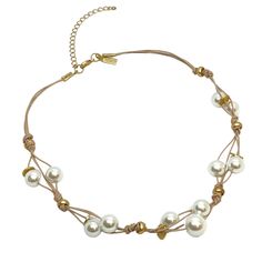 White Glass Pearl And Gold Disk Necklace On Woven Leather Measures 16" With a 2.5" Extender Finish Matte Gold 18KT Gold Plated Made In USA Style Number: DN196 Adjustable Elegant Metal Beaded Necklaces, Elegant Adjustable Metal Beaded Necklaces, Adjustable Multi-strand Beaded Necklaces For Formal Events, Adjustable Multi-strand Beaded Necklaces For Formal Occasions, Adjustable Multi-strand Beaded Necklace For Formal Occasions, Necklaces With Adjustable Chain Fashion Accessory, Adjustable Luxury Metal Necklace, Formal Adjustable Multi-strand Necklace, Luxury Adjustable Metal Necklace