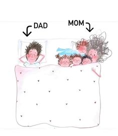 two children sleeping in a bed with their mom and dad's head on the pillow