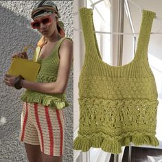 an image of a woman holding a box in her hand next to a crocheted tank top