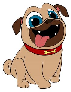 a cartoon pug dog with blue eyes and a red collar sitting on the ground