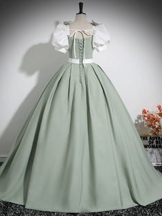 Green Puff Sleeve Dress For Wedding, Fitted Princess Style Puff Sleeve Dresses, Spring Costume Dresses With Fitted Bodice, Fitted Bishop Sleeve Dress For Banquet, Green Dresses With Ruffles And Full Skirt, Green Dress With Fitted Bodice And Full Skirt, Green Dress With Fitted Bodice For Costume, Green Full Skirt Dress With Ruffles, Fitted Puff Sleeve Dress For Costume