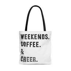 Introducing our Weekends. Coffee & Cheer Tote Bag: the perfect accessory for moms who love to cheer on their kids! Whether you're supporting your little cheerleaders at practice or shining bright in the stands, this tote bag is designed to add an extra dose of spirit to your weekends. Crafted with care from durable materials, our tote bag combines practicality with style. The spacious interior provides plenty of room for all your essentials, from water bottles and snacks to pom-poms and extra hair ties. With this bag by your side, you'll be ready to cheer your heart out and keep everything organized at the same time. Coffee-colored Rectangular Travel Bag, Rectangular Coffee Travel Bag, Rectangular Weekend Bags With Letter Print, Rectangular Bags With Letter Print For Weekend, Rectangular Letter Print Bag For Weekend, Sport Tote Bag, Cheer Coach Gifts, Cheer Bag, Mom Bag