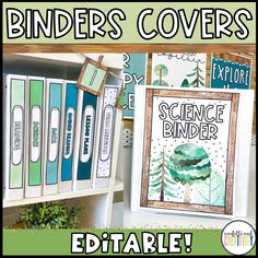 binders covers for science binders are displayed in front of a bookshelf