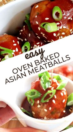 Easy Oven baked Asian Meatballs in sauce ready to serve garnished with green onion and sesame Ground Pork Meatballs, Asian Pork Meatballs, Easy Pulled Pork Crock Pot, Asian Bbq Sauce, Pork Meatball, Asian Cuisine Recipes, Asian Bbq, Asian Meatballs, Asian Pork