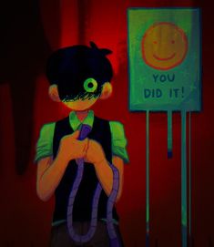 a boy standing in front of a sign that says you did it with an evil eye