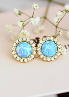 Opal earrings Blue Opal Stud earrings Opal Stud Earrings | Etsy Elegant Blue Cluster Earrings As Gift, Elegant Blue Cluster Earrings For Gift, Blue Halo Design Earrings As Gift, Blue Cluster Drop Earrings As Gift, Blue Drop Cluster Earrings For Gift, Blue Round Crystal Earrings For Gifting, Blue Crystal Round Earrings For Gift, Blue Crystal Earrings For Gifts, Blue Round Crystal Earrings For Gift