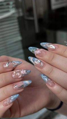 Silvermist Inspired Nails, Nail Art Designs Blue And White, Nails White And Blue, Blue Nails Cute, Fairy Garden Nails, Monet Nails, Winter Themed Nails, Blue Floral Nails, Nails Design Winter