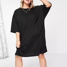 Asos Design Curve Oversized T-Shirt Dress In Black. New With Tag, Never Worn. #Y536 Black Cotton T-shirt Dress With Relaxed Fit, Black Relaxed Fit T-shirt Dress With Short Sleeves, Black Relaxed Fit T-shirt Dress With Crew Neck, Black Oversized Crew Neck T-shirt Dress, Oversized Black Crew Neck T-shirt Dress, Cropped White Tee, Oversized T Shirt Dress, Asos Tops, Plus Size Black