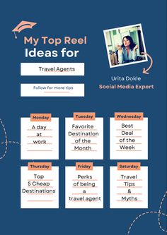 a poster with the words, my top reel ideas for travel agencies and social media expert