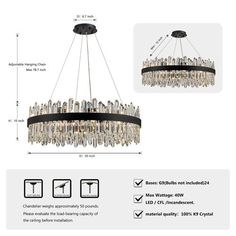 the chandelier is shown with measurements