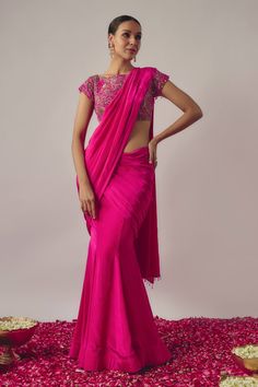 Pink Pure Lining Butter Solid Pre-draped Lehenga Saree With Blouse