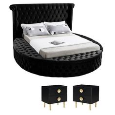 a bed with two nightstands next to it and an image of the headboard