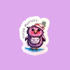 a purple sticker with an owl wearing a pink hat on it's head