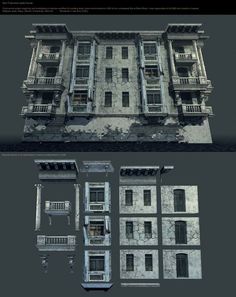 an old building with windows and balconies is shown in two different views, including the