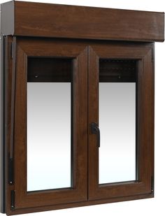 a wooden medicine cabinet with two doors and mirrors on the front, one door open