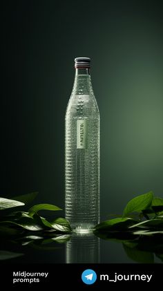 an empty glass bottle sitting on top of a table next to green plants and leaves