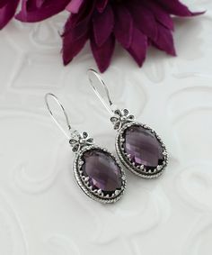 Ornate Gemstone Earrings In Sterling Silver, Ornate Sterling Silver Gemstone Earrings, Ornate Purple Sterling Silver Earrings, Silver Gemstone Crystal Earrings, Ornate Oval Sterling Silver Earrings, Silver Oval Sterling Silver Crystal Earrings, Sterling Silver Oval Crystal Earrings For Gift, Oval Sterling Silver Crystal Earrings For Gift, Oval Sterling Silver Crystal Earrings