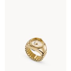 This 15mm watch ring features a gold-tone sunray dial, two-hand movement and gold-tone stainless steel band. Gold Metal Jewelry And Watches With Round Dial, Yellow Gold Analog Watch With Round Dial, Gold Jewelry With Round Dial, Gold Metal Watch With Polished Finish, Gold Metal Watches With Polished Finish, Gold Timeless Watch With Rotating Bezel, Timeless Gold Watches With Rotating Bezel, Stainless Steel Jewelry With Polished Finish And Round Dial, Timeless Gold Metal Jewelry And Watches