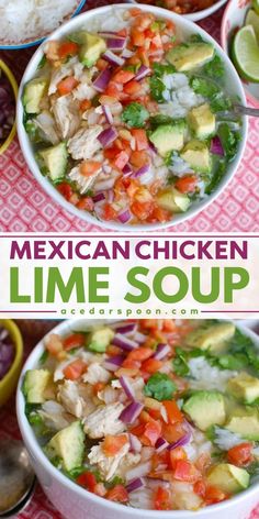 mexican chicken lime soup with rice and avocado in two bowls on a table