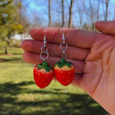 Pair of Strawberry Earrings * Lightweight * Nickel Free and Hypoallergenic * Handmade * Super cute and trendy Novelty Dangle Earrings For Everyday, Everyday Novelty Dangle Earrings, Novelty Everyday Dangle Earrings, Strawberry Earrings, Novelty Earrings, Earrings Unique, Crystal Charm, Fun Earrings, Unique Earrings