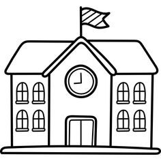 a black and white drawing of a house with a clock