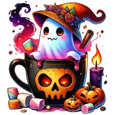 a drawing of a halloween ghost in a cup with candles and pumpkins around it