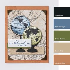 an assortment of color swatches with the words adventure await on them and a globe