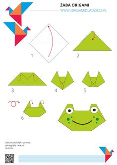 an origami frog is shown with instructions to make it look like he's smiling