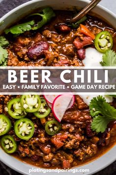 This is the BEST Beer Chili recipe! A hearty one-pot chili with beans that’s rich, spicy and perfect for game day. Make it on the stove, in a crock pot or instant pot. // slow cooker