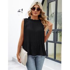 Elevate your ensemble with the KOJOOIN Sleeveless Pleated Tunic Top, a blend of sophistication and versatility. This chic piece features a delicate Chiifon blouse with a frilly mock neck, adding a touch of elegance to its flowy and relaxed silhouette. Perfect for both casual and dressy occasions, it's a wardrobe must-have for any style-conscious woman.

- Material: 100% Polyester
- Color: Available in White, Black, Red, and Green
- Size: One size fits all (suitable for sizes 6-20)
- Gender: Fema Chic Sleeveless Non-stretch Blouse, Chic Non-stretch Sleeveless Blouse, Sleeveless Pleated Tops For Spring, Elegant Non-stretch Sleeveless Blouse, Casual Sleeveless Pleated Tops, Elegant Sleeveless Non-stretch Blouse, Elegant Sleeveless Pleated Top, Flowy Sleeveless Blouse For Party, Flowy Sleeveless Party Blouse