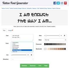 an image of a website page for tattoo font generator