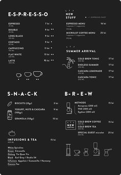 the menu for espresso is shown in black and white, with different types of drinks